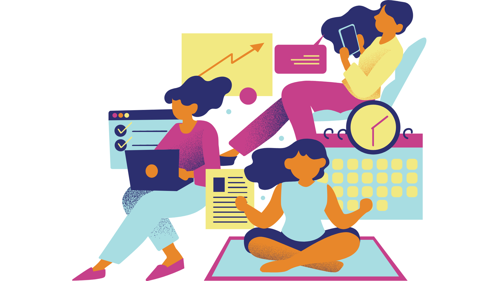 Ilustración de una emprendedora digital en múltiples facetas de su vida. La mujer aparece en diferentes poses: revisando mensajes en su celular, trabajando en su computadora y meditando. Alrededor de ella hay elementos gráficos como un checklist, un calendario y otros iconos relacionados con la productividad y el equilibrio trabajo-vida."